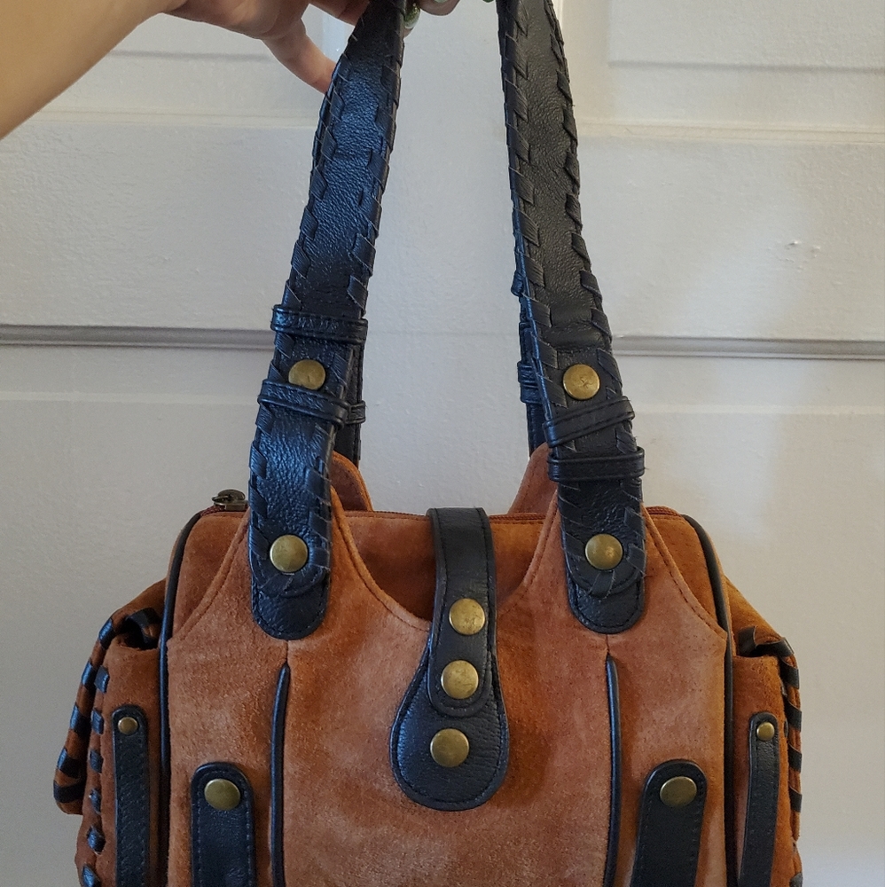 Wilson Leather suede tan and dark brown bag. I